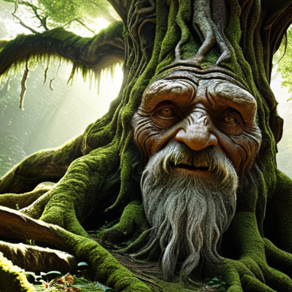 **An old, wise tree as an elder:**  "A very old tree, gnarled and weathered, standing in a lush forest. The tree has a face etched into its bark, with kind eyes and a long, flowing beard made of moss. Sunlight filters through the leaves, creating a mystical atmosphere. Fantasy art, detailed, vibrant colors."