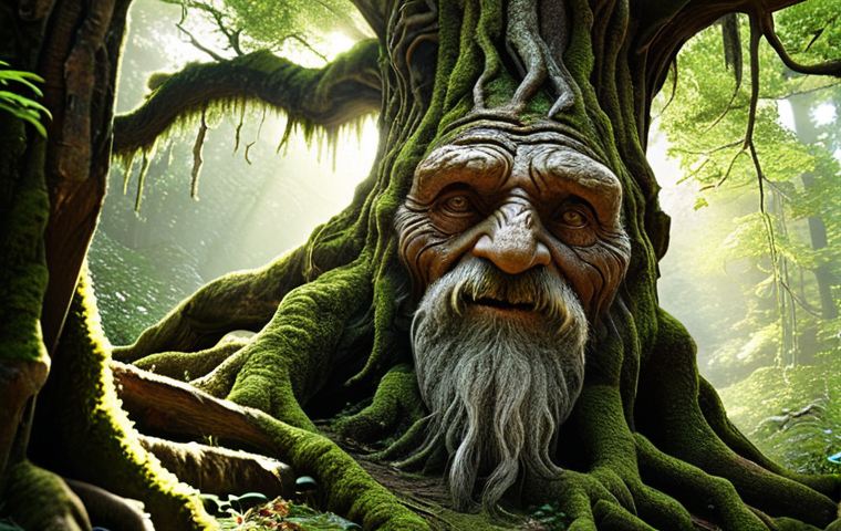 **An old, wise tree as an elder:**  "A very old tree, gnarled and weathered, standing in a lush forest. The tree has a face etched into its bark, with kind eyes and a long, flowing beard made of moss. Sunlight filters through the leaves, creating a mystical atmosphere. Fantasy art, detailed, vibrant colors."